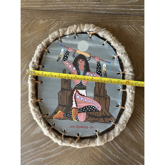 Vintage Native American Art, Set of 2 Buffalo shields on leather by Don Redbird - Picture 5 of 16